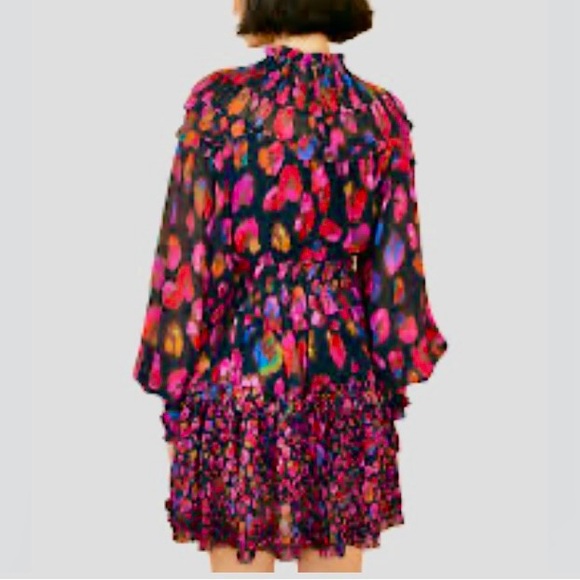 NEW FARM Rio Farm Iridescent Leopards Ruffled Mini Dress Chiffon Black Size L - Picture 4 of 16